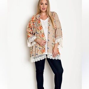 Boho Floral Crochet Trimmed Kimono Sz: L